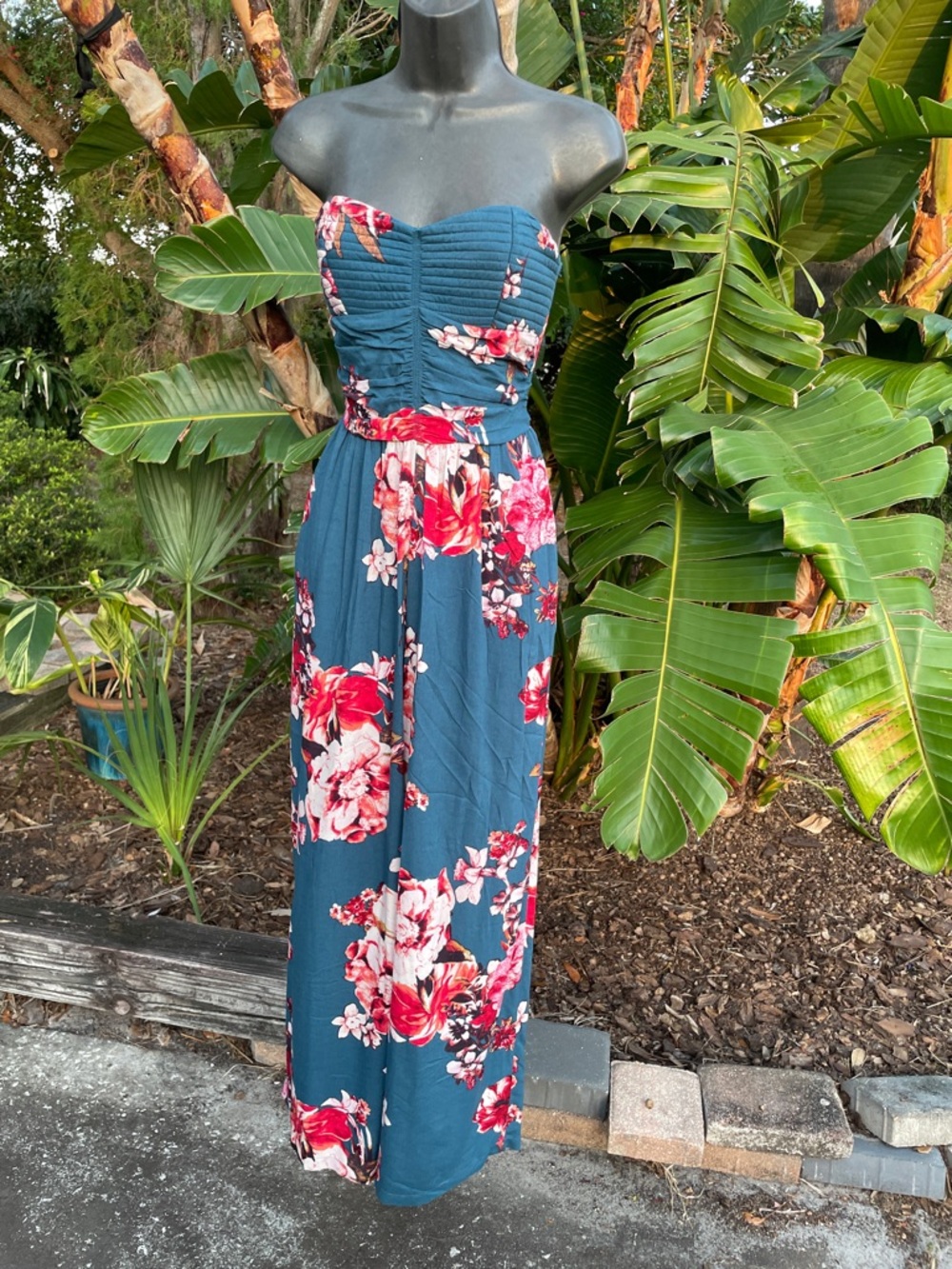 strapless, dark floral jumpsuit by Band of Gypsys